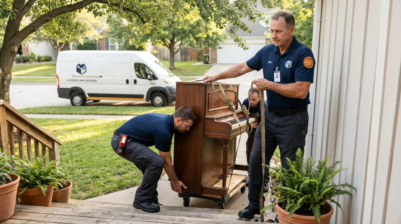 Licensed piano movers securing grand piano in Freeland, WA