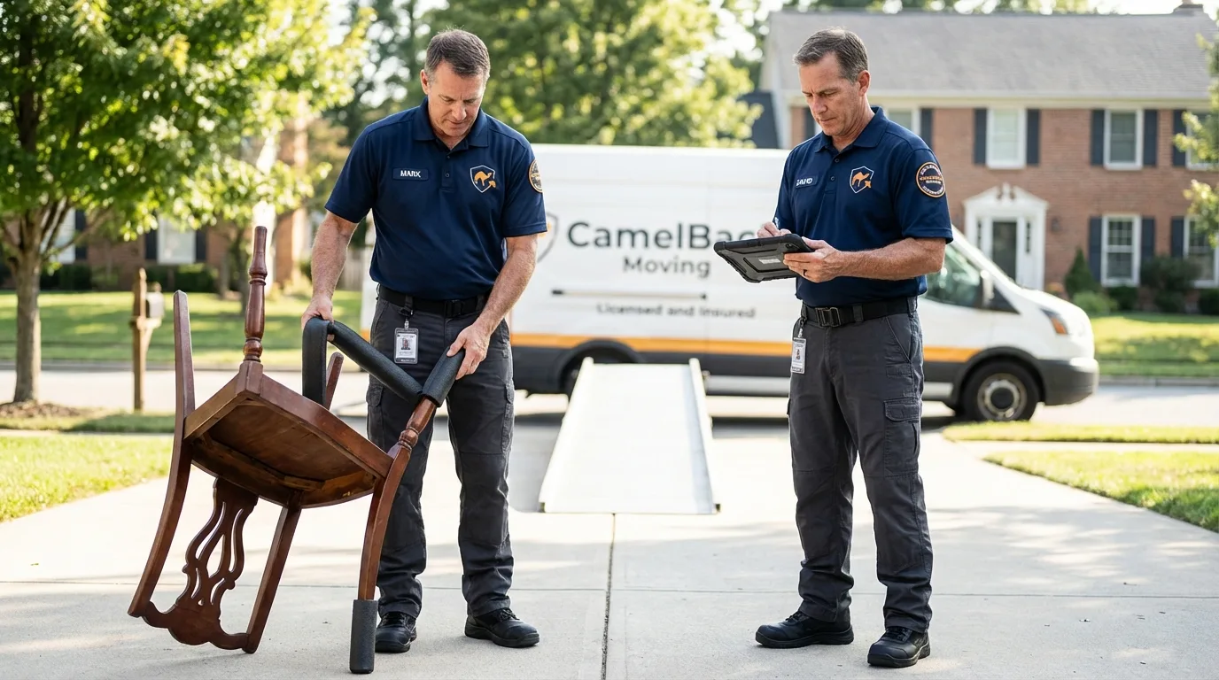 Movers inspecting furniture for damage prevention before loading in Freeland, WA