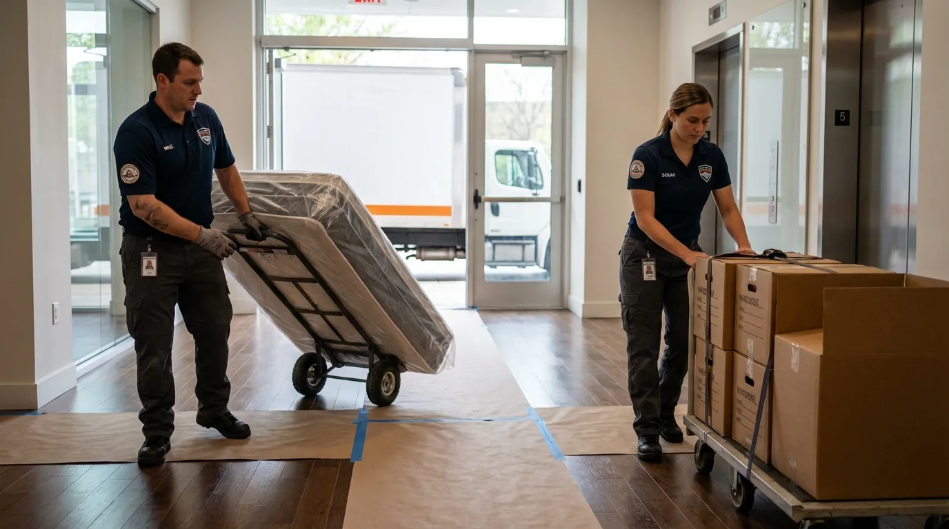 Professional apartment movers loading elevator in Freeland, WA