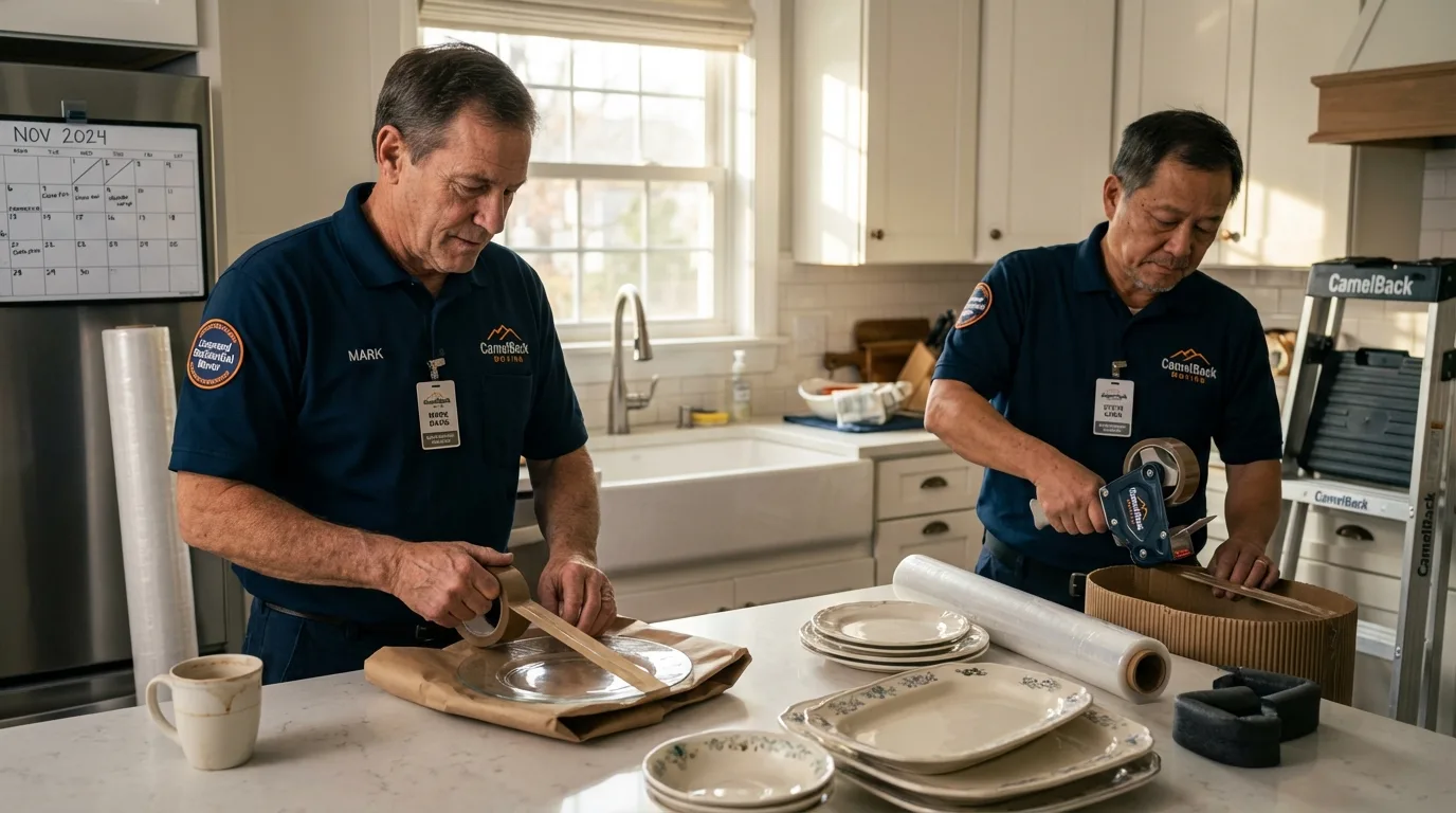 Professional crew packing kitchen dishware in Freeland, WA